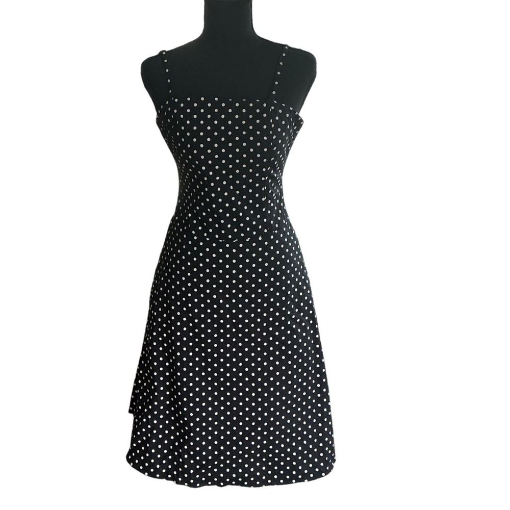 Retro Polka Dot Cotton A-Line Dress Black White Straps‎ Size 6